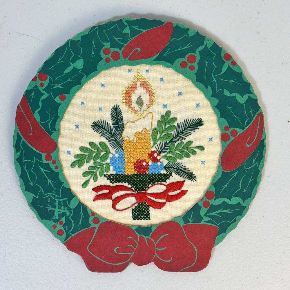 VTG Handcrafted Embroidered Christmas Candle Wreath Cardboard Framed Artwork